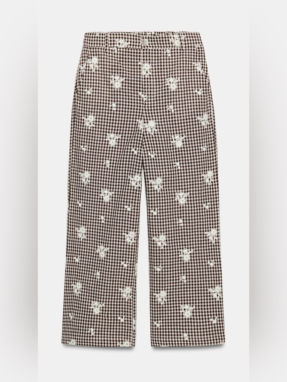NWT Zara Brown Gingham Wide Leg Pants with Floral Embroidery
